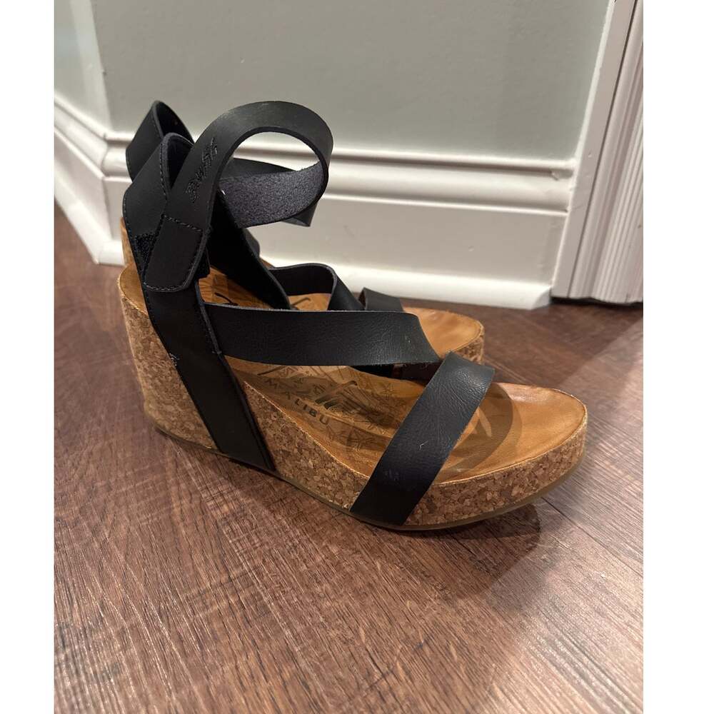 Blowfish Malibu Hapuku Wedge Heel Strappy Sandal Black Brown Women's US 9